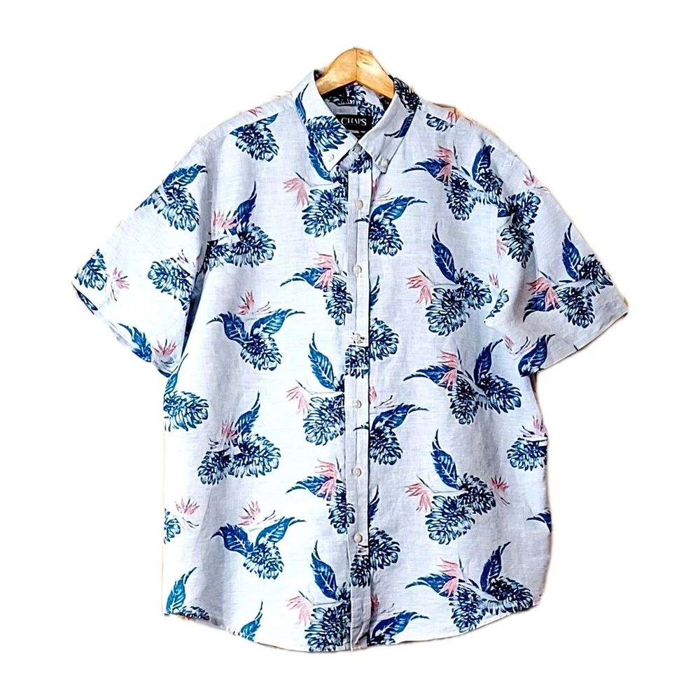 Chaps Men's Linen Cotton HAWAIIAN Floral Short Sleeve Button-Up Shirt XL